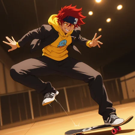 embedding:lazypos, Masterpiece, Best Quality, male focus, score_9, score_8_up, score_7_up, solo, dynamic angle, dynamic lighting,
BREAK,
1boy, Reki Kyan, amber eyes,( eyecatch:1.1), red hair, headband, full body, fit body, athletic, pecs, broad shoulders, black jacket over a yellow hoodie, black pants, performing kick flick with a skateboard,( in the air:1.1),
BREAK,
in a skate park, smiling, beaming smile