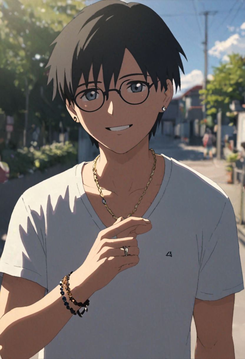 Highres, Masterpiece, High Quality, 4K, 8K, solo, 1Boy, Takaki Toono, adult, black hair, short hair, sunny, cloudy, posing, candid, sweet smile, photo model, earrings, necklace, bracelet, anklet, ring, fake glasses, easynegative, detailed_eye_model
