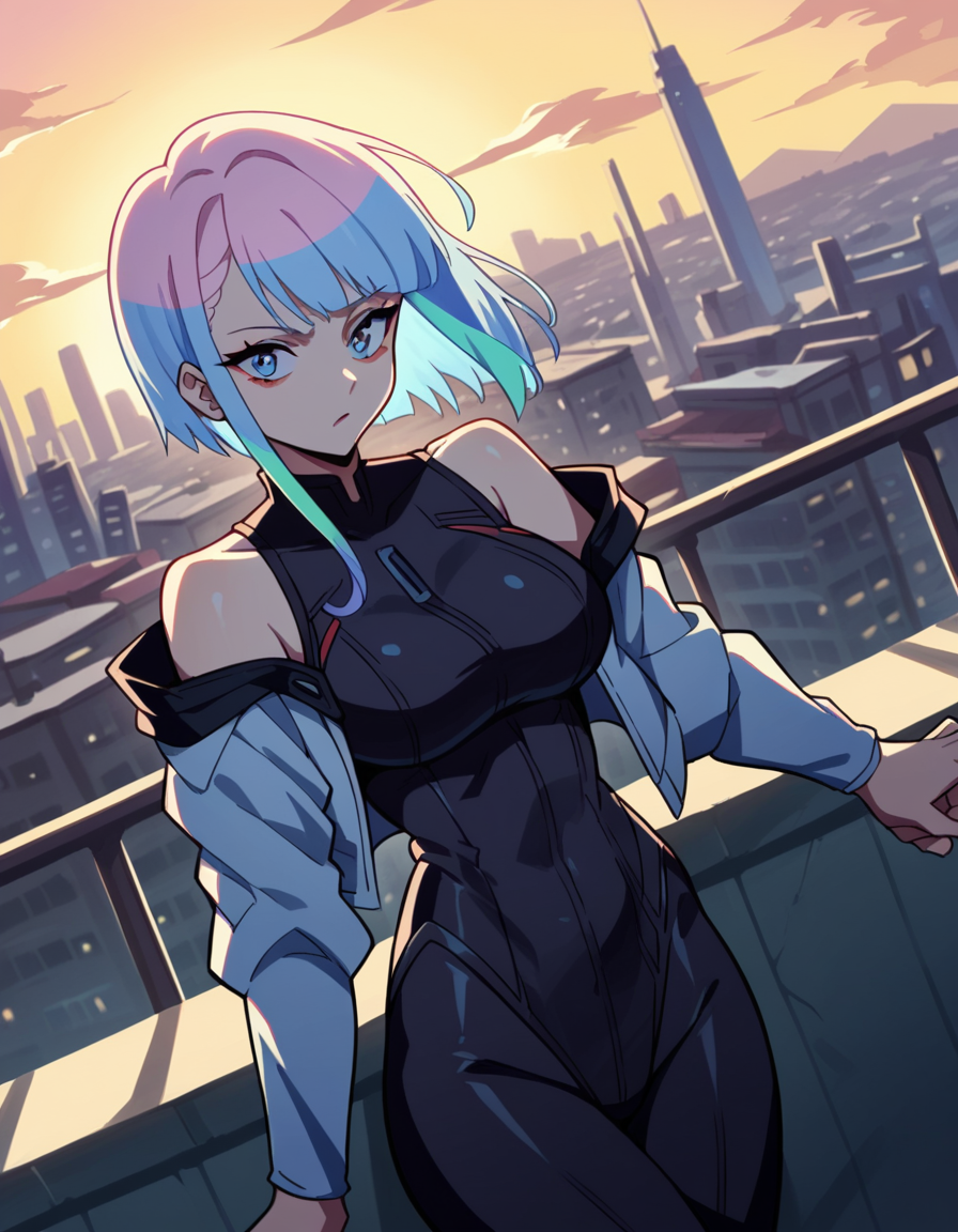 score_9, score_8_up, score_7_up, source_anime, <lora:cyberpunk-lucy-s1-ponyxl-lora-nochekaiser:1>, lucy, short hair, bangs, blue eyes, blue hair, multicolored hair, makeup, multicolored eyes, large breasts,, bare hips, bodysuit, jacket, leotard, monowire, off shoulder, off-shoulder jacket, open clothes, open jacket, skindentation,, rooftop, sunset, cityscape, quiet moment, wind blowing, contemplative, , looking at viewer, hand holding a cup, solo,, cowboy shot, dutch angle