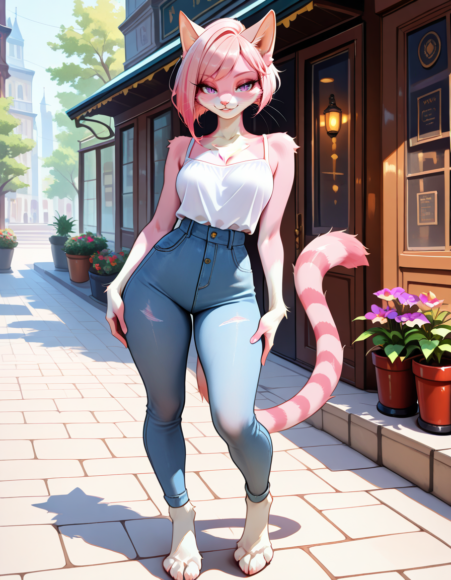 masterpiece, best quality, very aesthetic, absurdres,
outdoors, casual, 
full body, standing, posing,
seductive smile, parted lips, long eyelashes,
 <lora:CiviChan_v01_NAIXL:1>
CiviChan,1girl,solo,furry,furry female,cat girl,cat ears,short hair,pink hair,purple eyes,slit pupils,snout,animal nose,whiskers,body fur,striped tail,