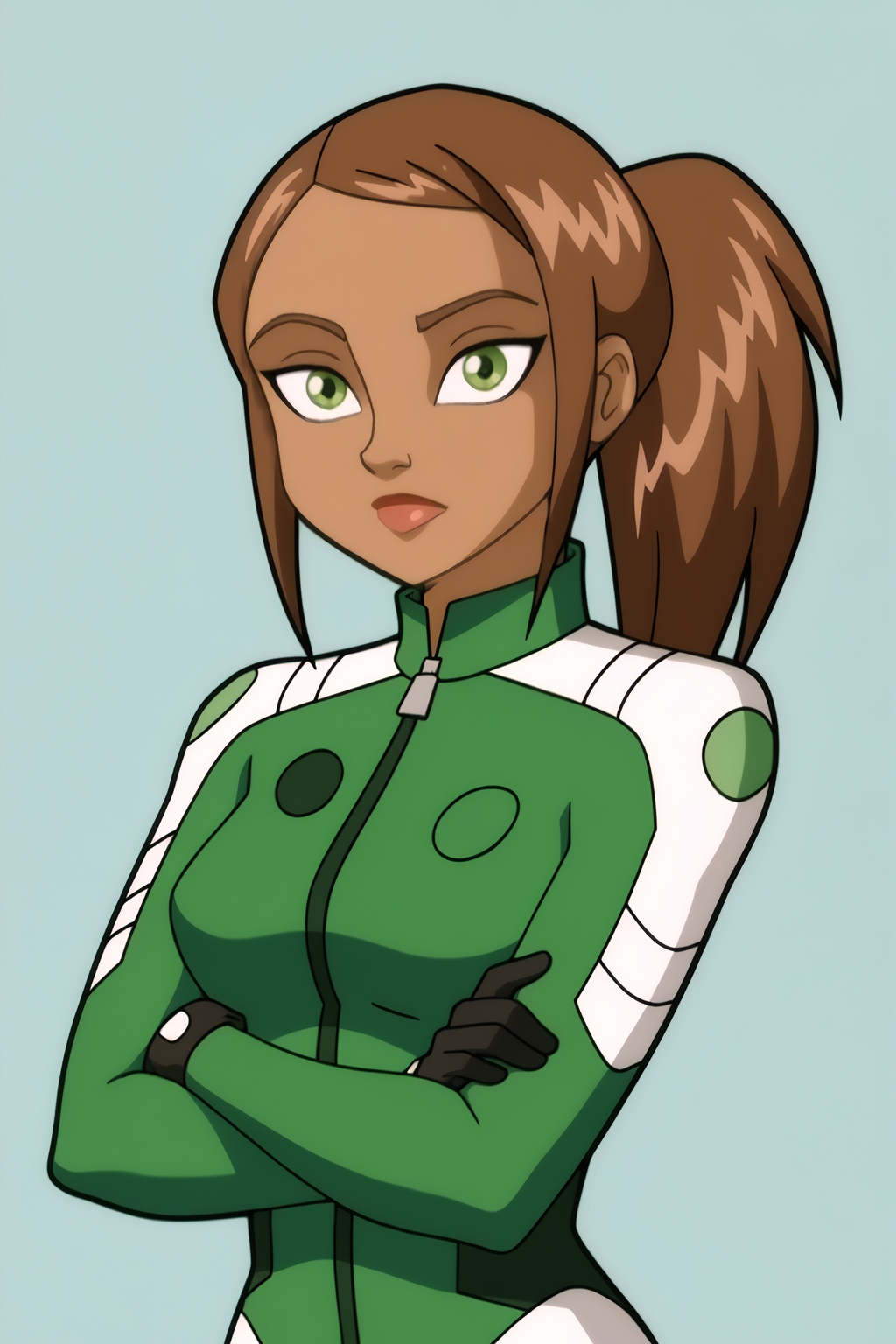 <lora:LionessV2:0.8> Lioness, bright green eyes, brown hair, hair highlights, upper body, green jumpsuit, white stripes, fitted suit, zipper
