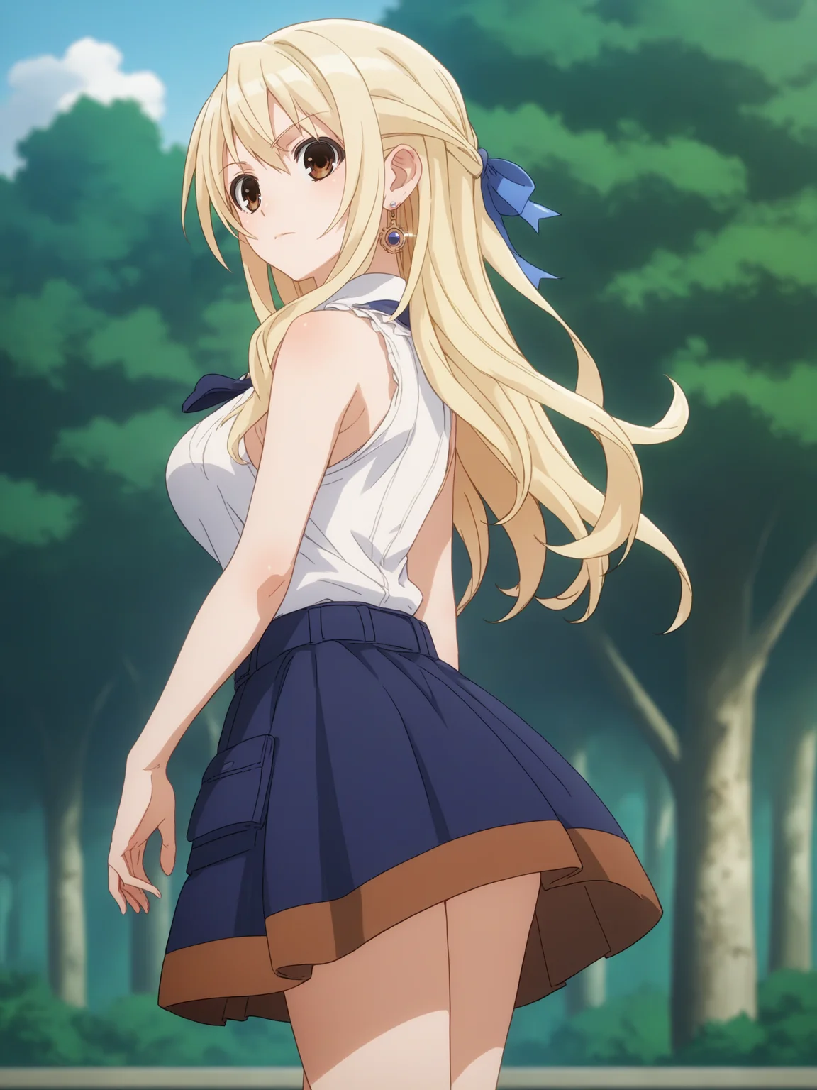 score_9, score_8_up, score_7_up, score_6_up, score_5_up, source_anime, smooth_anime,
Lucy_Heartfilia, 1girl, solo, brown_eyes, blonde_hair, ribbon, hair_ribbon, looking_at_viewer, long_hair, outdoors, jewelry, earrings, breasts, looking_back, sleeveless, blue_ribbon, skirt, shirt, tree, large_breasts, sleeveless_shirt, blue_skirt, long_skirt, day
<lora:Hyperdimension_Neptunia:1>