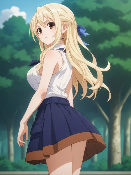 score_9, score_8_up, score_7_up, score_6_up, score_5_up, source_anime, smooth_anime,
Lucy_Heartfilia, 1girl, solo, brown_eyes, blonde_hair, ribbon, hair_ribbon, looking_at_viewer, long_hair, outdoors, jewelry, earrings, breasts, looking_back, sleeveless, blue_ribbon, skirt, shirt, tree, large_breasts, sleeveless_shirt, blue_skirt, long_skirt, day
 <lora:Hyperdimension_Neptunia:1>