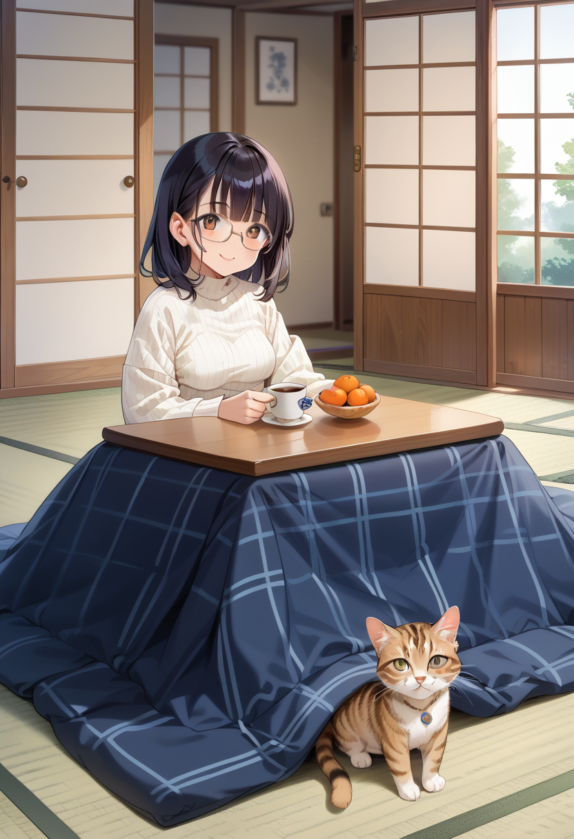 score_9, score_8_up, score_7_up, rating_safe, masterpiece, best quality, absurdres, unity 8k wallpaper, official art, official style, source_anime, uncensored, game cg, megami magazine, ultra delicate hair, 
1girl, glasses, black hair, medium hair, medium breasts, white ribbed sweater, sitting, happy, smile, looking at viewer, 
 (kotatsu:1.2), mandarin orange, sliding doors, tatami, indoors, cat, coffee mug, 
 <lora:kotatsu_pony_V1:1.2>