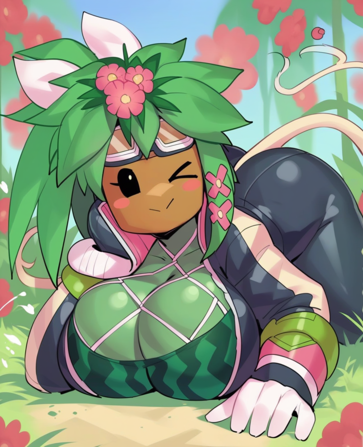 score_9, score_8_up, score_7_up, score_6_up, score_5_up, score_4_up, source_furry, (by shq:1.15), kanna \(blaster master\), elemental creature, elemental humanoid, flora fauna, humanoid, plant humanoid, accessory, big breasts, blush, blush stickers, breasts, cleavage, cleavage overflow, clothed, clothing, female, floral, flower, flower \(anatomy\), flower accessory, flower hair accessory, flower pot, for a head, goggles, green body, green skin, hair accessory, handwear, head flower, jacket, leaf, leaf hair, non-mammal breasts, not furry, plant, plant hair, pseudo hair, solo, tight clothing, topwear, watermelon pattern, (simple eyes, simple face, looking at viewer:1.3), detailed background, outside, garden, looking at viewer, wide hips, huge hips, big butt, fishnet, fishnet topwear, <lora:kanna_pdxl_:1>, wink, side view, head down ass up, tail, long tail, cow tail,