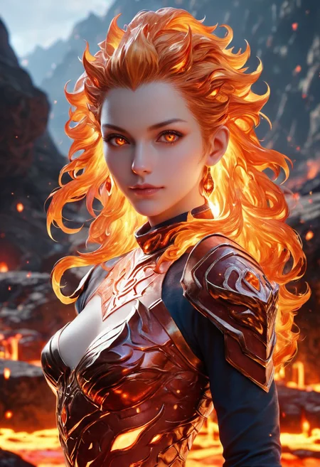 score_9, score_8_up, score_7_up, lava mounain background, 1girl, mature, small breast, lava armor, fire, lava hair, fire around, fire eyes, fire skin, realistic skin texture, detailed picture, HD32k, SFW