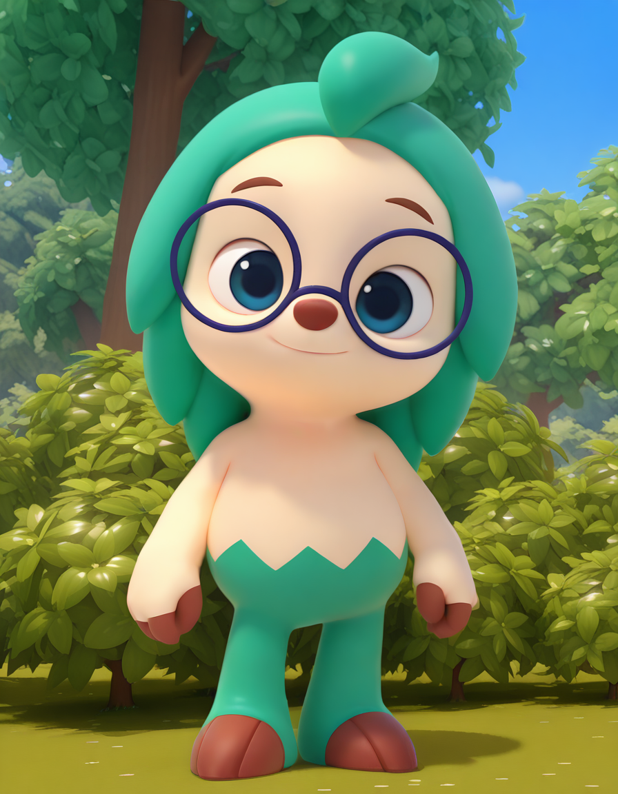 solo, hogipfws, furry, green hair, blue eyes, blue-framed eyewear, full body, outdoors, tree, bush, looking at viewer, sky, <lora:hogi_pfws_IL01-1:1>