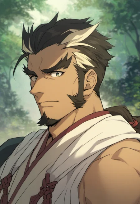 1boy, Genji_Jigokuraku, genji, long sideburns, thick eyebrows, multicolored hair, beard, sleeveless japanese armor, forest environment, score_8_up, score_7_up, score_6_up, score_9_up, face_focus, fantasy, middle-age man, hairy, muscular, centered, looking at viewer,  8k uhd, high quality,