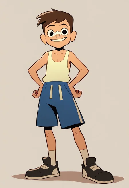 score_9, score_8_up, score_7_up BREAK LuckyLay, 1boy, brown hair, black eyes, nose bandage, white tank top, blue shorts with white stripe, socks with red stripe, black shoes, solo, solo focus, cartoon, source_cartoon, full body, smiling at viewer,