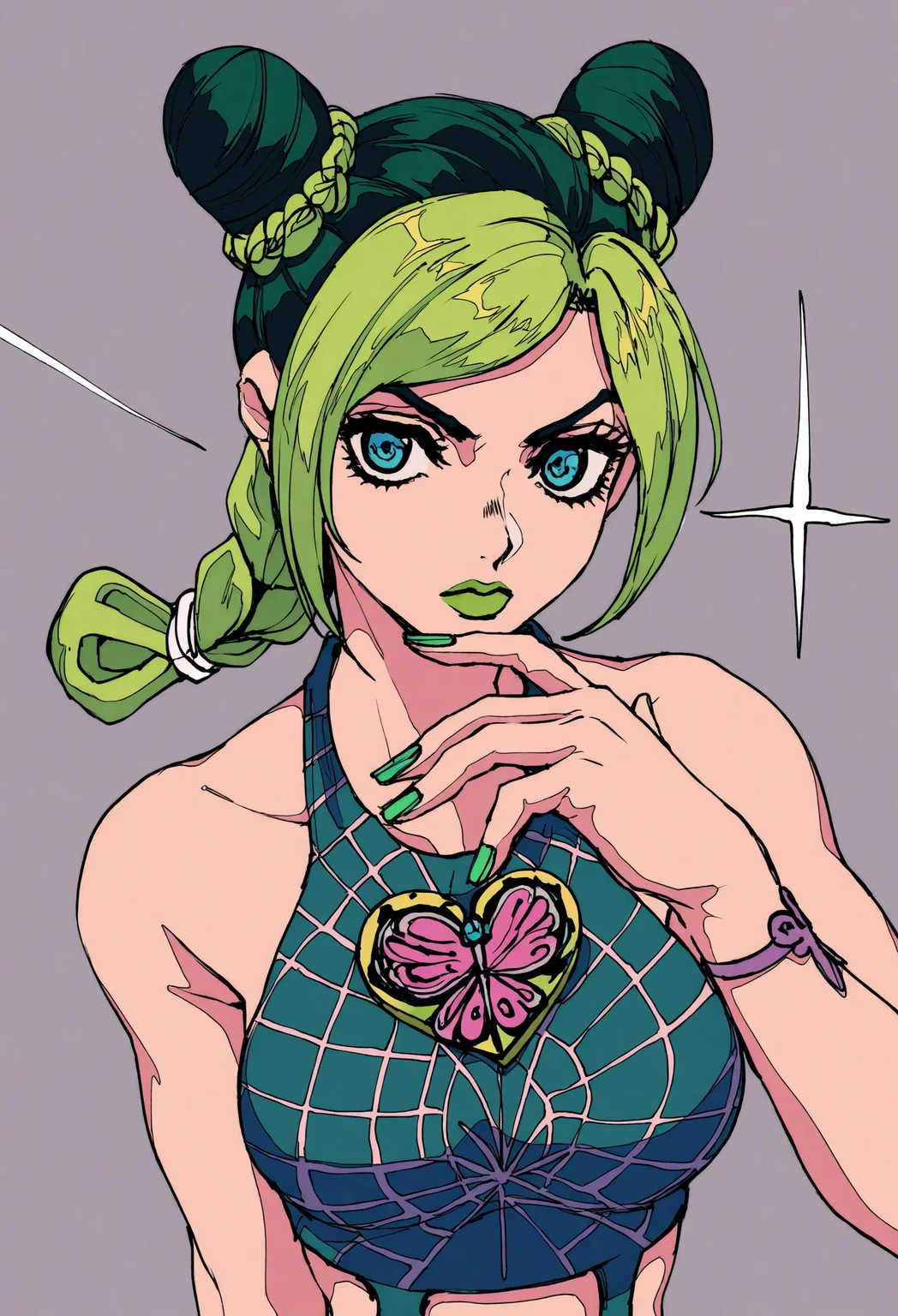 1girl, farnese \(berserk\), kujo jolyne, berserk, jojo no kimyou na bouken, stone ocean,
alternate hair color, alternate hairstyle, aqua eyes, bare shoulders, blonde hair, blue eyes, braid, breasts, brooch, bun with braided base, cosplay, double bun, fishnet top, fishnets, green hair, green nails, grey background, hair bun, halterneck, hand up, heart, heart brooch, jewelry, kujo jolyne \(cosplay\), looking at viewer, medium breasts, multicolored hair, nail polish, serious, sleeveless, solo, sparkle, streaked hair, string, two-tone hair, updo, upper body,
.
masterpiece, best quality, very aesthetic, absurdres
<lora:ç¦è¶forNoob:0.95>