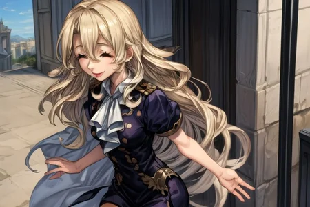 masterpiece, Lily Kokoschka , best quality, best quality, ultra-detailed, highres,sharp focus,(ultra detailed,extremely detailed), 1girl,(masterpiece, best quality), LilyKOKOSCHKA, 1girl, solo, long hair, small breasts, blonde hair,  hair between eyes, uniform, ascot, wavy hair, eyes visible through hair, white ascot, Skirt, hungry clicker,  outdoors, street, cowboy shot, leaning Back, Best Quality0Beautiful face0Strong-minded woman0closed eyes