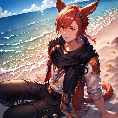 1 boy, solo, G'raha Tia, hair ornament, miqo'te, slit pupils, braided ponytail, red eyes, animal ears, x hair ornament, red hair, cat ears, braid, neck tattoo, swept bangs, white shirt, black cargo pants, black scarf, dutch angle, sitting on the beach, ocean, happy expression,
score_9, score_8_up, score_7_up, (masterpiece, best quality, very aesthetic, ultra detailed), intricate details, detailed eyes, detailed background, granblue_fantasy_style_xl, expressiveh, light from above, shiny skin, oiled skin,