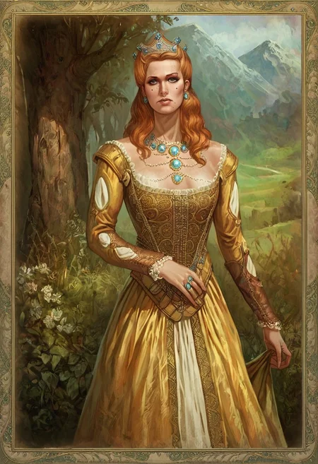 score_9, score_8_up, score_7_up, witcher1cardstyle, romance card with frame, witcher card frame, card frame, picture frame, 1 girl, portrait, anhnritta, long hair, wavy hair, crown, mole under eye, earrings, dress, necklace, gem, ring, Hand, perfect hand, perfect hands, detailed hands,