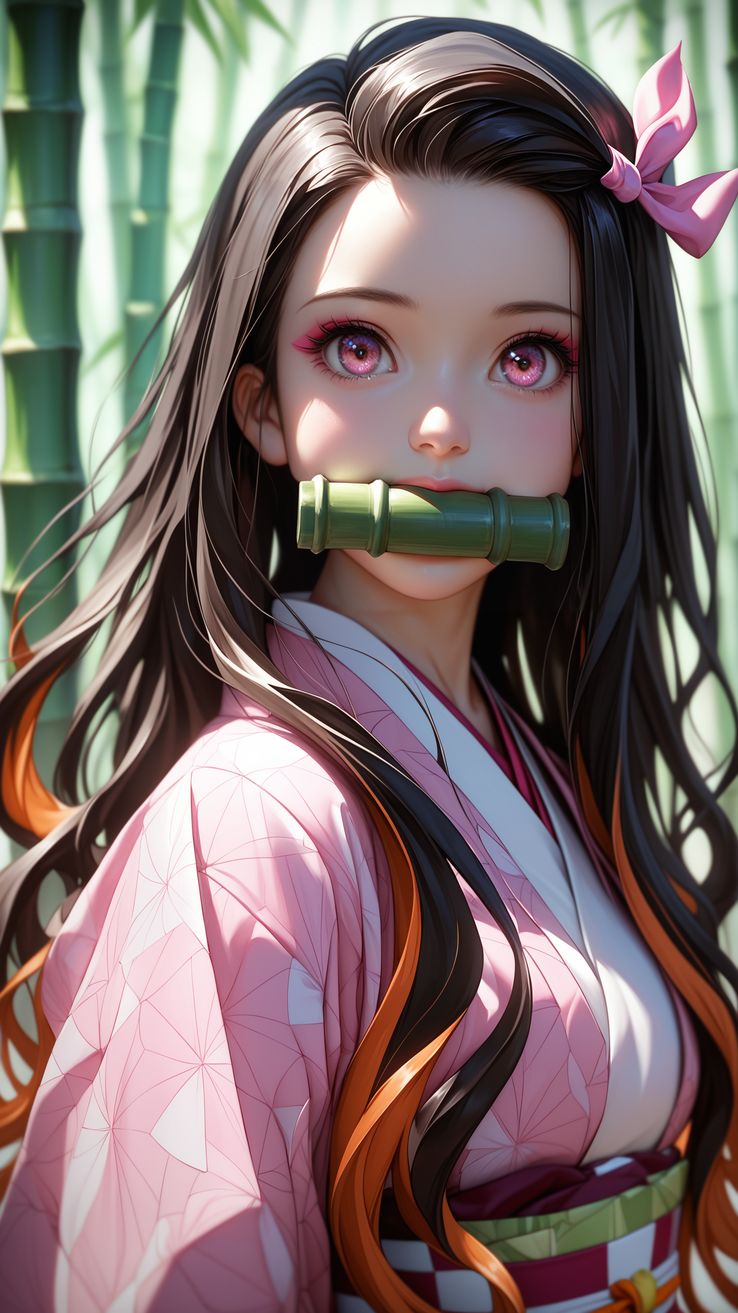 score_9, score_8_up, score_7_up, i want the whole image to be created in 3D anime style, 1girl, solo, long hair, looking at viewer, black hair, ribbon, hair ribbon, upper body, multicolored hair, japanese clothes, pink eyes, kimono, blurry, two-tone hair, mouth hold, forehead, pink ribbon, realistic, gag, gagged, haori, pink kimono, bamboo, bit gag, checkered sash, kamado nezuko