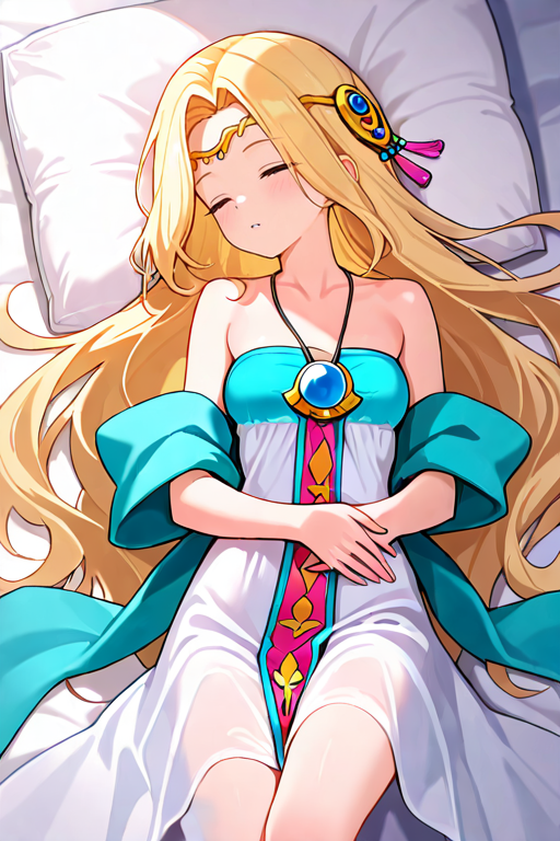 masterpiece, High quality, Ultra detailed, 2d, newest, absurdres, highres, BREAK
1girl, solo, <lora:cygnus:0.7>, cygnus_(maplestory), very long hair, blonde hair, hair ornament, jewelry, circlet, closed eyes,   
medium breasts, cygnusDef, collarbone, bare shoulders, white dress, aqua tube top, center dress ornament, shawl, necklace, BREAK
lying, sleeping,