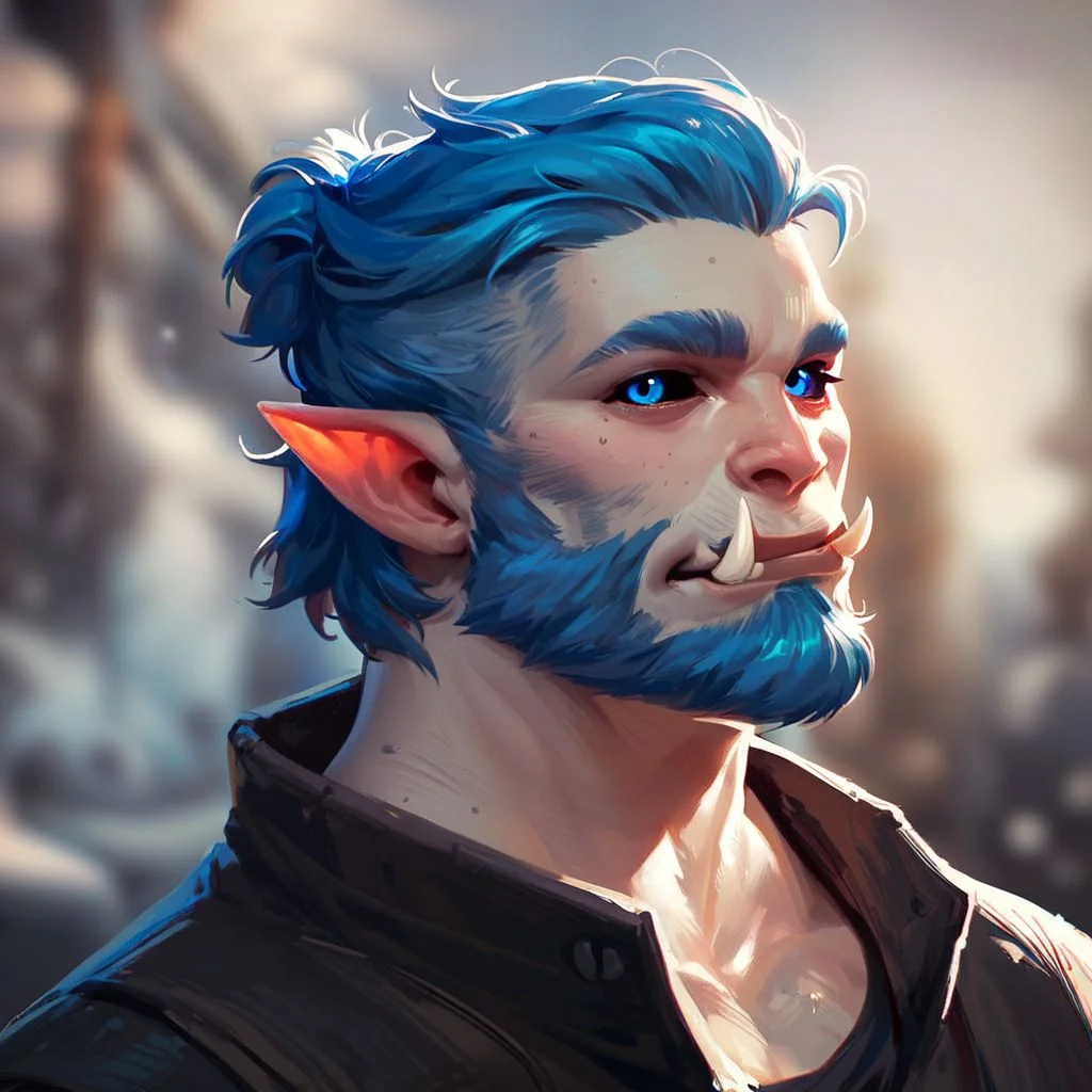 (((beautiful, high quality))), upper Body, score_9, score_8_up, score_7_up, 
Orc, fangs, pointed ears, black sclera, 1boy, male focus, grey, blue eyes, blue hair, beard, black top, 
looking at the viewer, posing, 
blurred background,