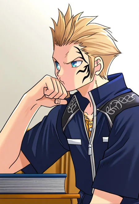 masterpiece, best quality, <lora:Tsukihime NXL:1>,solo,masterpiece, best quality, 
zell, 1boy, male focus, solo, blue eyes, blonde hair, short hair, spiked hair, tattoo, facial tattoo, uniform, seed uniform, military uniform, jacket, grey jacket, popped collar, short sleeves, zipper, frown, upper body
indoor, classroom, elbow on desk, classroom, headrest, chin in hand, book on desk, pout