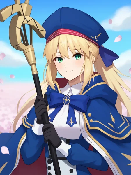 score_9,score_8_up,score_7_up,<lora:fgo_179_a1:1>,1girl,character: artoria_caster_(fate),character: artoria_caster_(second_ascension)_(fate),character: artoria_pendragon_(fate),solo,upper_body,falling_petals,holding,holding_staff,looking_at_viewer,blush,smile,closed_mouth,green_eyes,blonde_hair,long_hair,hair_ornament,black_gloves,blue_cape,blue_capelet,cape,capelet,gloves,hat,blue_bow,bow,long_sleeves,highres,beret,buttons,flower,petals,pink_flower,staff,blue_hat,commentary_request,