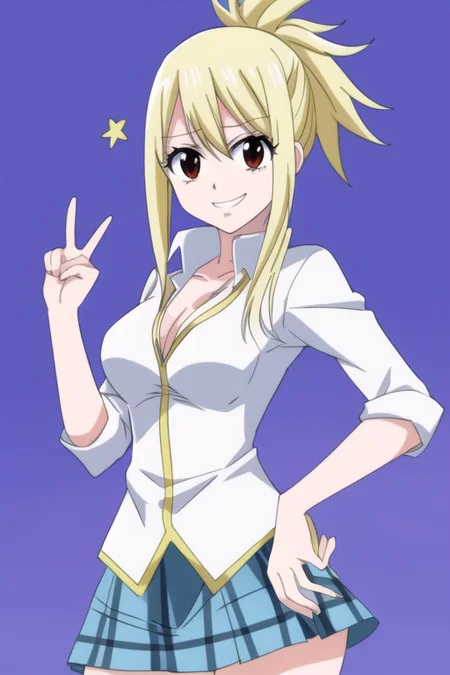masterpiece, best quality, lucy4k-5000, white collar shirt with blue accent down the middle, mini skirt, whip on hip. peace hand sign, hair in ponytail