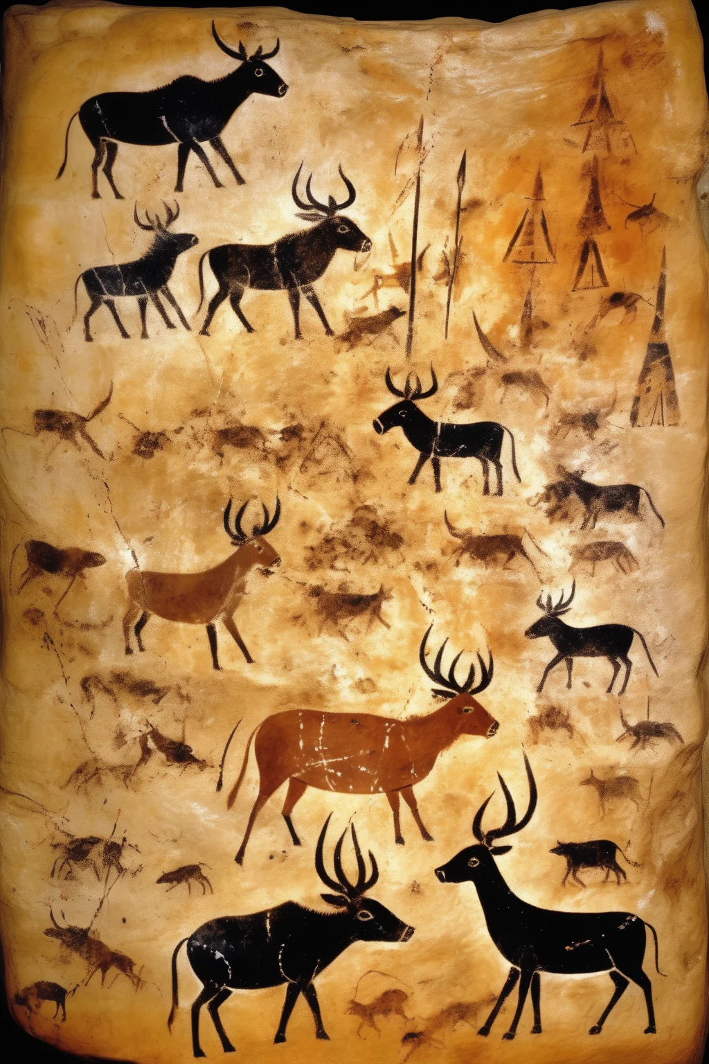 <lora:Lascaux:1>Lascaux - Rock painting style, featuring primitive people smashing stone tools, setting fire to barbecue, hunting, etc. The ancients used stone spears, bows and arrows to chase wild deer and surround them Rhinoceros and wild boars, hunted and returned by ancient people, barbecued on fire, and ancient humans suppressed fine stone tools; Platinum Treasure pottery made by ancient humans; Fishing with nets; There are birds flying in the picture. The sun is constantly setting towards the west directly above, and the picture gradually darkens into a dark sky. Ethnic paintings, Congolese art, storyboards, action paintings, murals, and African influences