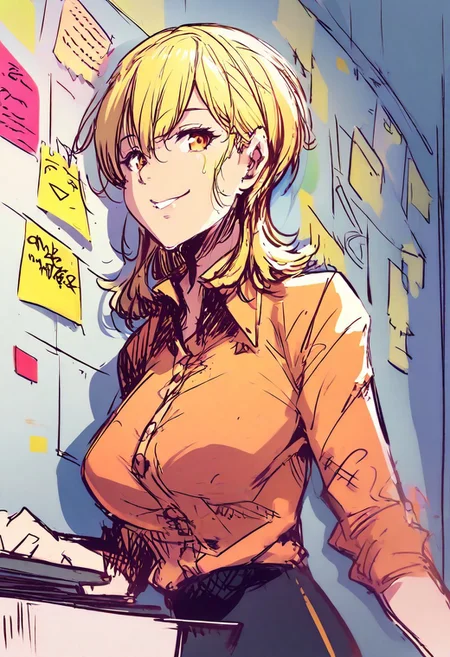 Beautiful sketch, anime, SK3, minimalist, simple drawing, simple shadows, a female model, blonde hair, wearing a button-up and black skirt, in an office,  low-angle view, smiling, wet, pink and orange lighting, drawing, sticky note wall, Jed-StickyN
