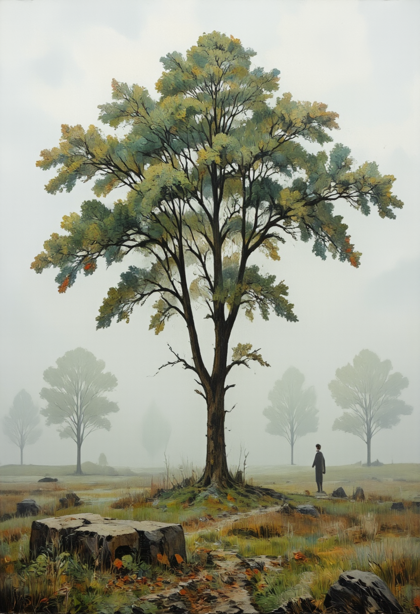A solitary tree standing in a foggy meadow, its leaves scattered on the ground, Solitude in Nature, in memadukan_painter art style, <lora:Memadukan_Brush_Strokes_of_Fineart-000006:1.0>