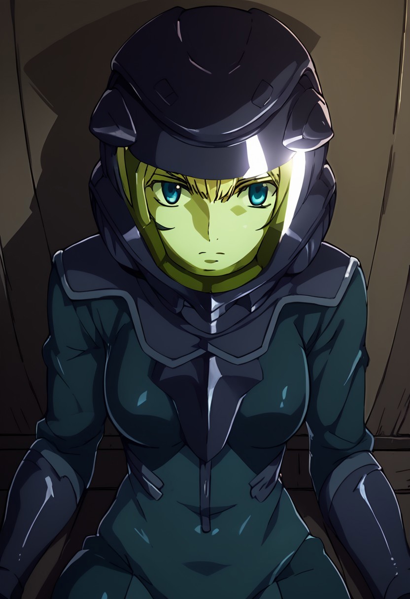 score_9, score_8_up, score_7_up, at room. Indoor,,night view, moonlight,female,,louise halevy, pilot helmet, pilotsuit, gauntlet,blue eyes,sitting,solo