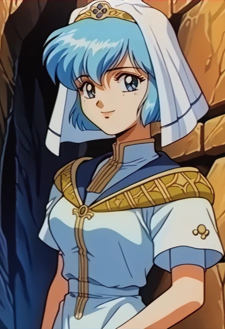 score_9, score_8_up, score_7_up, source_anime, BREAK solo, 1girl, <lora:FeOva-pdxl_Fp:1>, retro artstyle, <lora:silque-fe-richy-v1_pdxl:1>, silquedef, blue hair, short hair, blue eyes, veil, dress, smile, looking at viewer, cave,