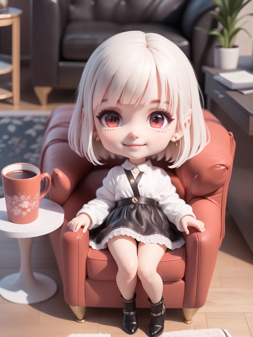 (masterpiece),(best quality),(ultra-detailed), (full body:1.2),
1girl,chibi,cute, smile,
white Bob haircut, red eyes, earring,
white shirt,black skirt, lace legwear,
(sitting on red sofa),
seductive posture, smile,
A sleek black coffee table sits in front of the sofa and a few decorative items are placed on the shelves,
(beautiful detailed face), (beautiful detailed eyes),
<lora:blindbox_v1_mix:1>,