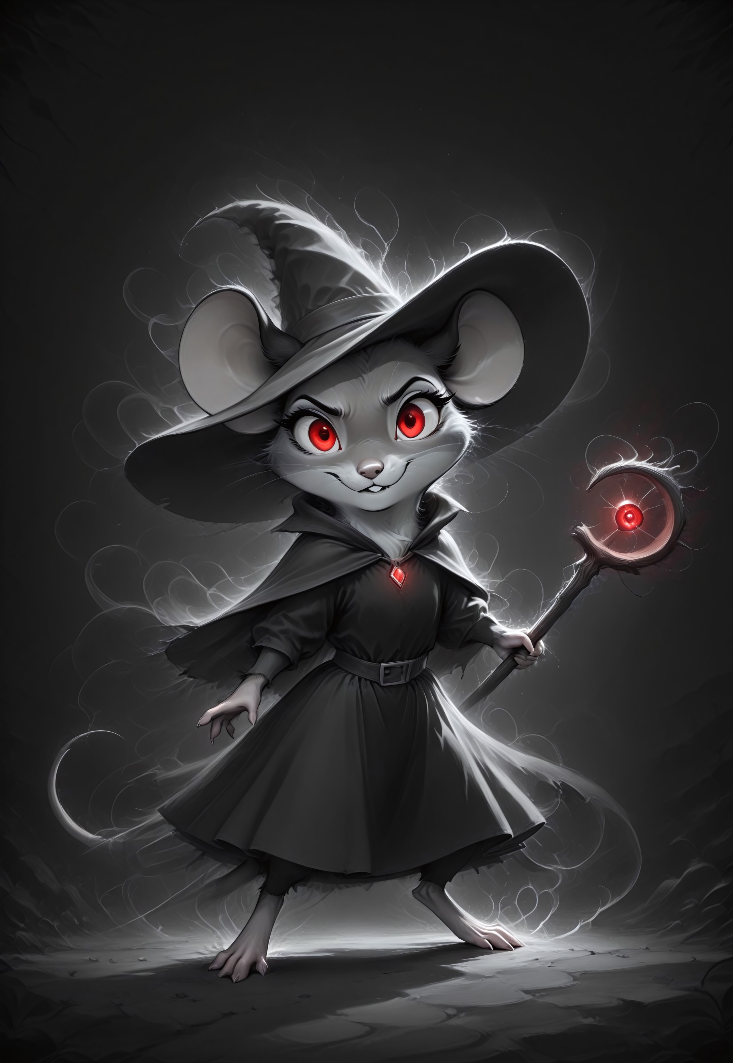 masterpiece,best quality,amazing quality, m0use_istyle, mad-wsps, inktapestry, greyscale, monochrome, (toon:0.7), mouse, 1girl, grey fur, red eyes, black ears, black dress, witch's hat, (holding magical staff:1.1), dark, night, (dark aura:1.2), looking at viewer, action pose, evil expression, glowing eyes, dark background, standing, 