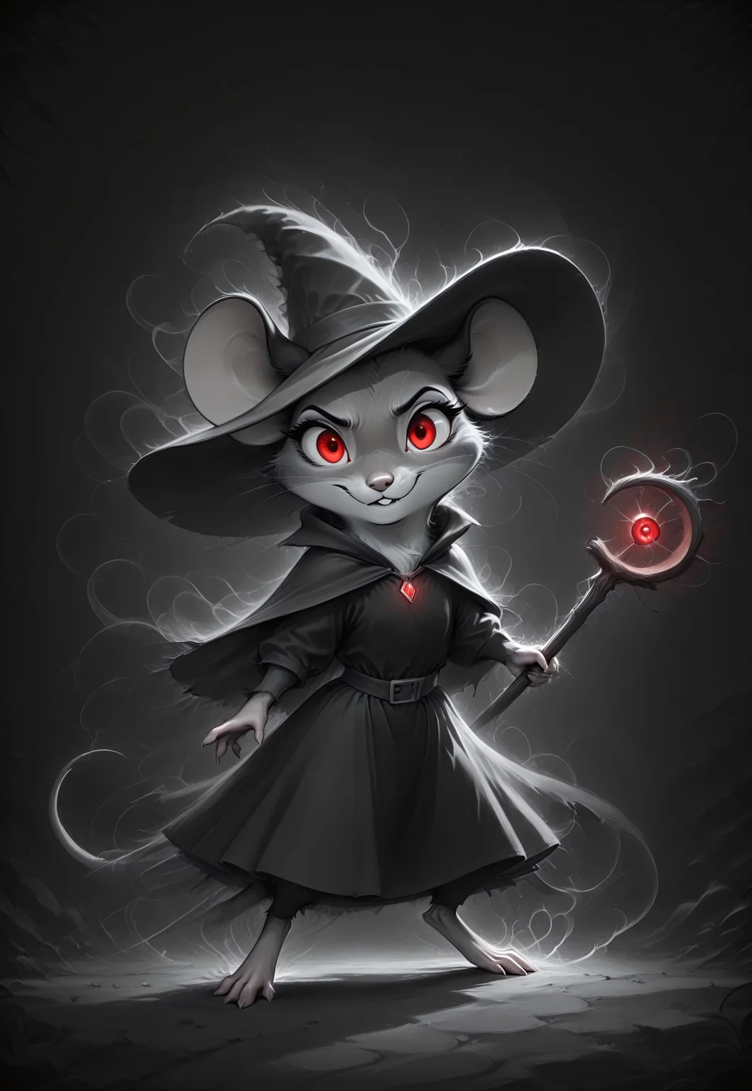 masterpiece,best quality,amazing quality, m0use_istyle, mad-wsps, inktapestry, greyscale, monochrome, (toon:0.7), mouse, 1girl, grey fur, red eyes, black ears, black dress, witch's hat, (holding magical staff:1.1), dark, night, (dark aura:1.2), looking at viewer, action pose, evil expression, glowing eyes, dark background, standing, 