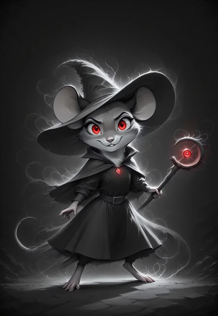 masterpiece,best quality,amazing quality, m0use_istyle, mad-wsps, inktapestry, greyscale, monochrome, (toon:0.7), mouse, 1girl, grey fur, red eyes, black ears, black dress, witch's hat, (holding magical staff:1.1), dark, night, (dark aura:1.2), looking at viewer, action pose, evil expression, glowing eyes, dark background, standing,