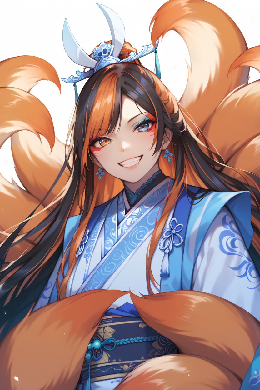 score_9, score_8_up, score_7_up, masterpiece, best quality, 1girl, grin, looking at viewer, 
 <lora:StariweiStyle:1>  stariwei_style
 multiple tails, hanfu, black hair, ginger hair, multicolored hair, hair ornament, multicolored  eyes, makeup