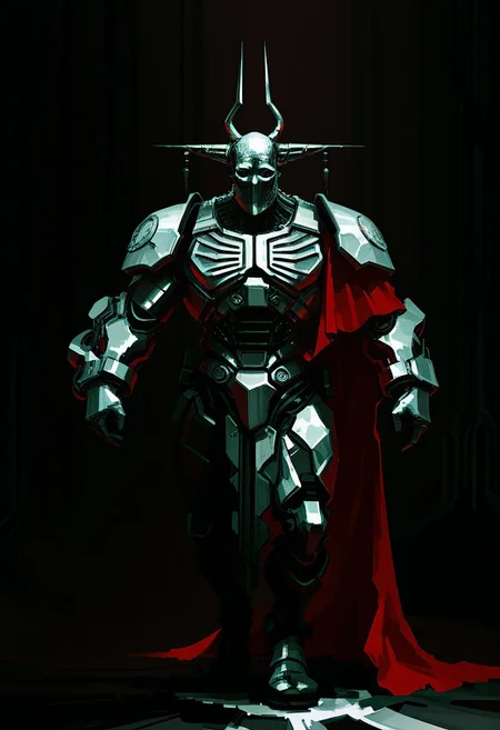 HDR, 8K, high contrast, masterpiece,best quality, amazing quality, very aesthetic,high resolution,  
masterpiece, best quality, good quality, very awa, very aesthetic, magic realism, psychedelic, newest,
sketch painting, (digital art:1.3), (concept art:1.2),  
An ultrarealistic photograph of an enormous minimalist futuristic full body power suit, without lights, made of white metal and polymer, full crystal hull, for a muscular man, imposing, modern minimalism, elegant, dystopia, mysterious, godlike, scary, in a dark room, with a red cape, 8k. Add more details.
<lora:add-detail-xl:1.5> 
<lora:Void_Spectrum-000008:1>