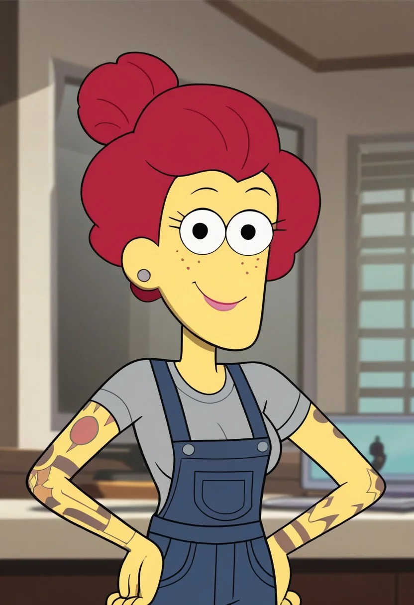 score_9, score_8_up, score_7_up,perfect face,show accurate,screen cap,black dot eyes,Nancy Green from Big City Greens,hairbun,red hair,light yellow skin,,looking at viewer,black dot eyes,medium breasts,happy face,full open eyes,full clothed,purple overalls,grey shirt,, closed mouth, oiled body,, , , upper body,mature woman, milf, tattooed left arm,hands on hips,trying to cover her breasts