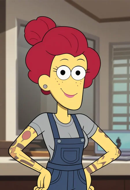 score_9, score_8_up, score_7_up,perfect face,show accurate,screen cap,black dot eyes,Nancy Green from Big City Greens,hairbun,red hair,light yellow skin,,looking at viewer,black dot eyes,medium breasts,happy face,full open eyes,full clothed,purple overalls,grey shirt,, closed mouth, oiled body,, , , upper body,mature woman, milf, tattooed left arm,hands on hips,trying to cover her breasts