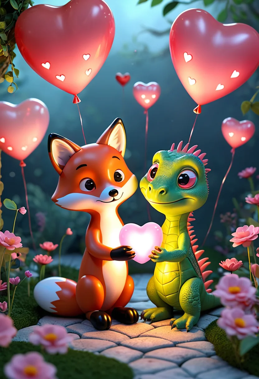 High-detail masterpiece 3D image composition featuring a variety of unique and adorable creatures in a heartwarming, romantic setting, with a gentle, loving atmosphere, The two creatures are Hugging another, surrounded by Floating Hearts, with each element having a soft, round, 3D look, enhancing their cuteness, The scene is set in a Magical Garden, where Heart-Shaped Balloons illuminate the surroundings, creating a dreamy, romantic atmosphere with soft, glowing lighting, bringing everything to life in a 3D, cuddly way, <lora:add-detail-xl:1>, BREAK,
A Fox, with Glowing Eyes, gazing lovingly at its companion, filled with Joy, in an irresistibly cute, 3D style, BREAK,
A Iguana, with Tiny Heart-Shaped Paws, sharing a Heart-Shaped Object, with Bright Eyes,
