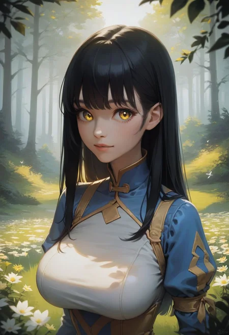 score_9, score_8_up, score_7_up, source_cartoon, looking at viewer, hourglass figure, face focus,
1 girl, solo girl, pretty face, cute girl, large breasts, black hair, long hair, bangs, yellow eyes,
meadow, forest,
bmcostume, tight clothes,