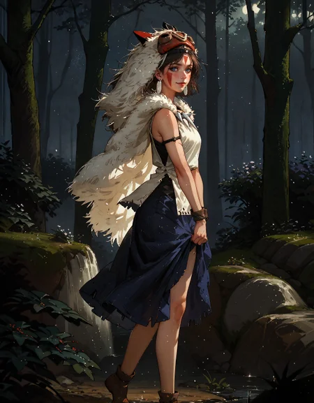 score_9, score_8_up, score_7_up, score_6_up, score_5_up, score_4_up, san, 1girl, full body, standing, side view, solo, short hair, brown hair, gray eyes, headband, face paint, earrings, white sleeveless top, navy under dress, arm cuffs, fur headdress, fur cape, light-skinned female, female focus, looking at viewer, smiling, forest, (blush:1.1)