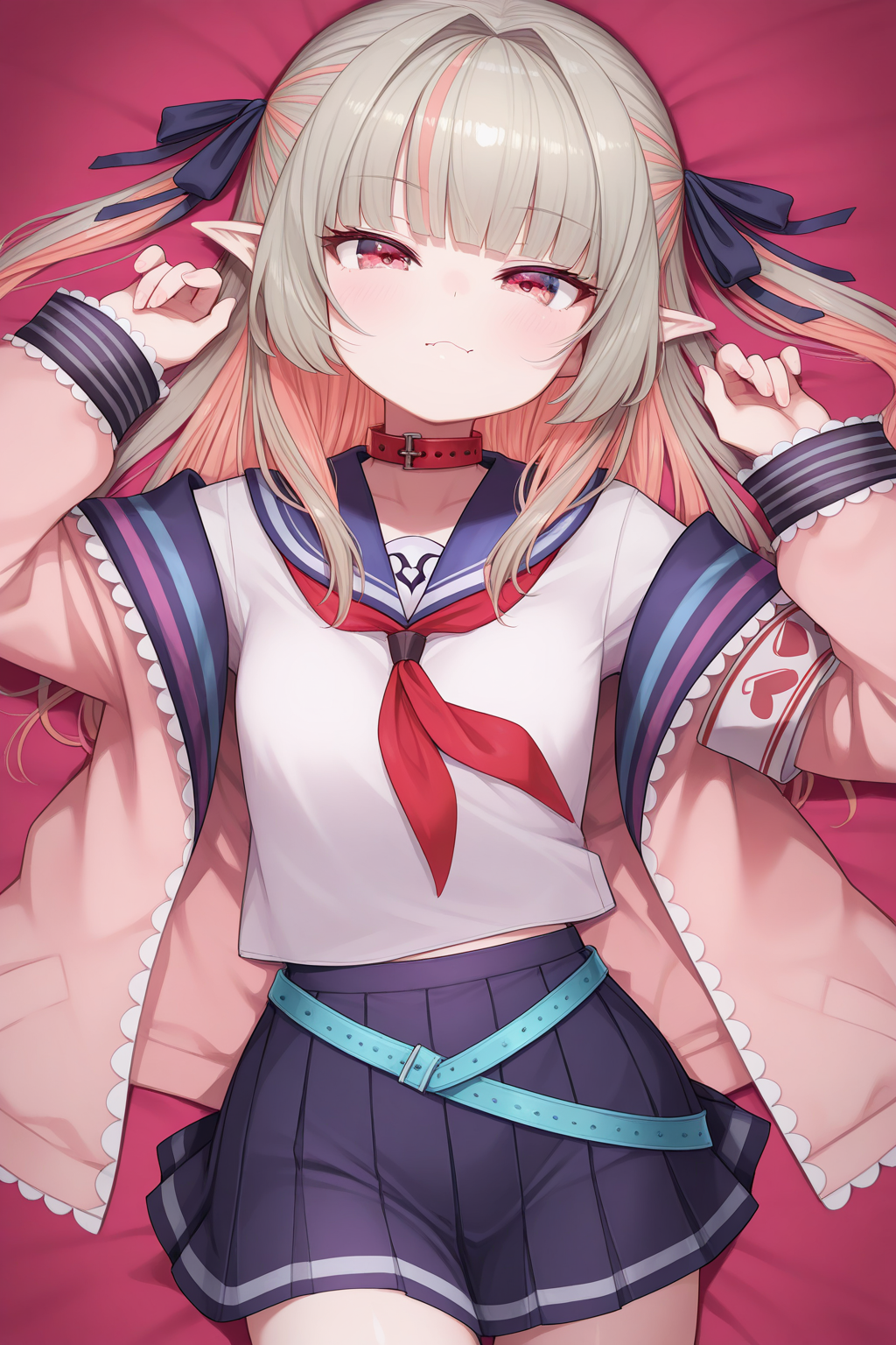 1girl,
MakaiNoRirimuNijisanji, MakaiNoRirimu4thCostume,
general, solo, half body,
grey hair, two side up, long hair, eyelashes,
no hair ornament,
red collar, pink cardigan, blue sailor collar, red neckerchief, 
serafuku, blue skirt,
looking at viewer, 
depth of field,
<lora:kp_MakaiNoRirimuNijisanjiIllustrious_v1_0:1.0>,
masterpiece, best quality, amazing quality
