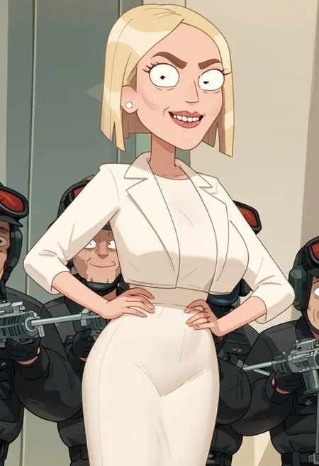 score_9, score_8_up, score_7_up,sole female,perfect face,perfect eyes,,show accurate,Jennith Padrow-Chunt,blonde hair,bob cut,cheekbone,pearl earrings,smile,looking at viewer,hands on hips
huge ass,huge breasts,full open eyes