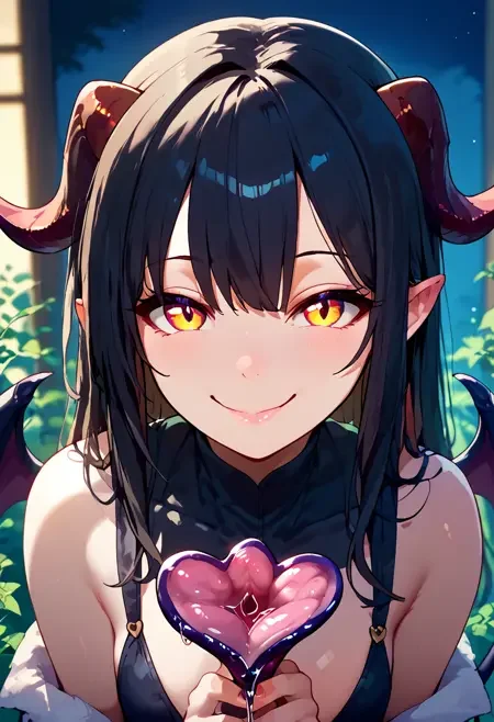score_9, score_8_up, score_7_up, 1girl, succubus tail, tail juice, cute, black hair, horns, wings, closed mouth, smile, close up
