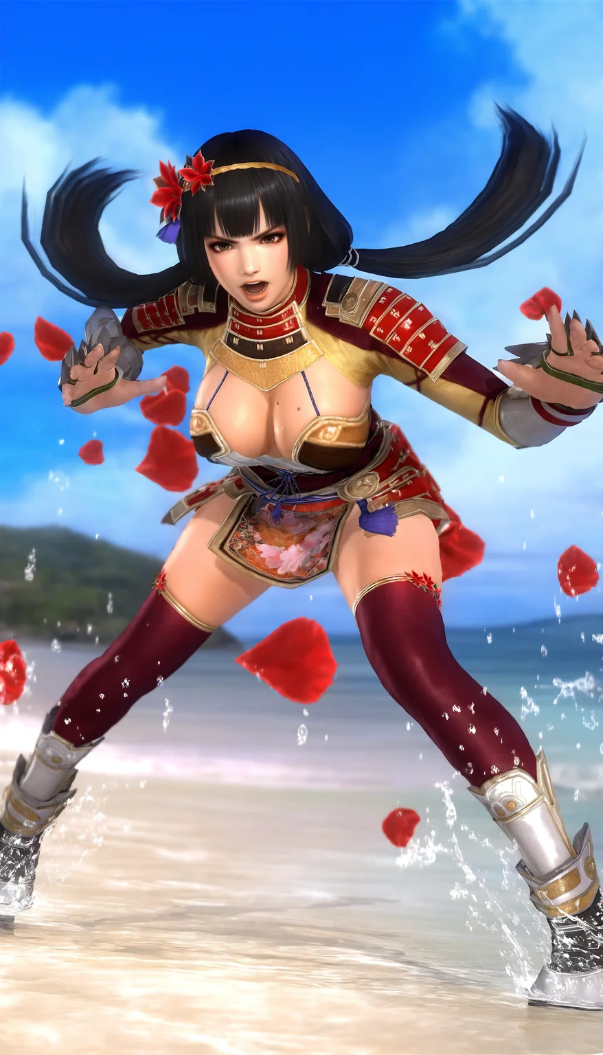 masterpiece,best quality,amazing quality,
<lora:naotoraiiNAI:1>,naotoraii,realistic,
1girl,solo,
black hair,blunt bangs,long hair,low twintails,hair ornament,golden hairband,golden scrunchie,red hair flower,purple ribbon,
brown eyes,
red armor,red shoulder armor,vambraces,
mole on breast,
deep red thighhighs with flower ornament,bladed boots,full body,dutch angle,three-quarter view,looking ahead,serious,open mouth,fighting stance,leaning forward,legs apart,dynamic pose,outdoors,falling petals,depth of field,blue sky,cloud,beach,hill,light particles,splashing,