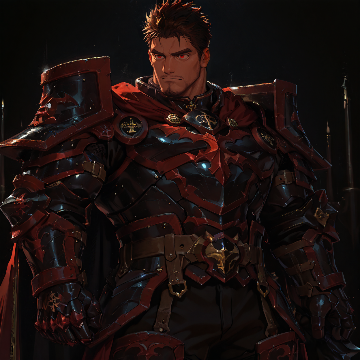 <lora:Orion__Alchemist_Code-000004:.7>, tagatameorion, orion_brunette, orion_red eyes, 1boy, spiked hair, goatee, solo, male focus, manly, mature male, bara, muscular male, cape, armor, breastplate, gauntlets, boots, belt, demon (symbol)
{upper body|cowboy shot}, 
(very short hair), male focus, muscular male, large pectorals, muscular male, bara, mature, (hairy body, hairy, body hair, arm hair, leg hair, hairy body, glossy skin, bara, mature, facial hair, beard, full beard, sideburn, mustache, stubble), facial hair, bara, mature, body hair, aixiwuganda_(20222192), very awa, masterpiece, best quality, absurdres, newest, perfect quality, detailed background, intricate details,<lora:slider_Body Type_alpha1.0_rank4_noxattn_last:2><lora:Anime Summer Days 2 Style SDXL_LoRA_Pony Diffusion V6 XL:.6><lora:merged:.7>, DARK, DARK BACKGROUND, LOW-KEY LIGHTING <lora:slider_cfg_scale_boost:.7><lora:Artist6p:.55>, Artist6p, Artist04p,<lora:slider_il_brightness_slider_d1:-.5><lora:slider_il_contrast_slider_d1:-.25>,<lora:slider_contract_controller_illus01_v1:.3>, <lora:addon_illustriousXLv01_stabilizer_v1.121:.5>,<lora:slider_DarkSlider1.2_alpha1.0_rank16_full_300steps:-.2><lora:Heavenly_Beauty_r1:1>, (heavenlybeauty,)<lora:slider_style_strength_controller_illus01_v1:.25>