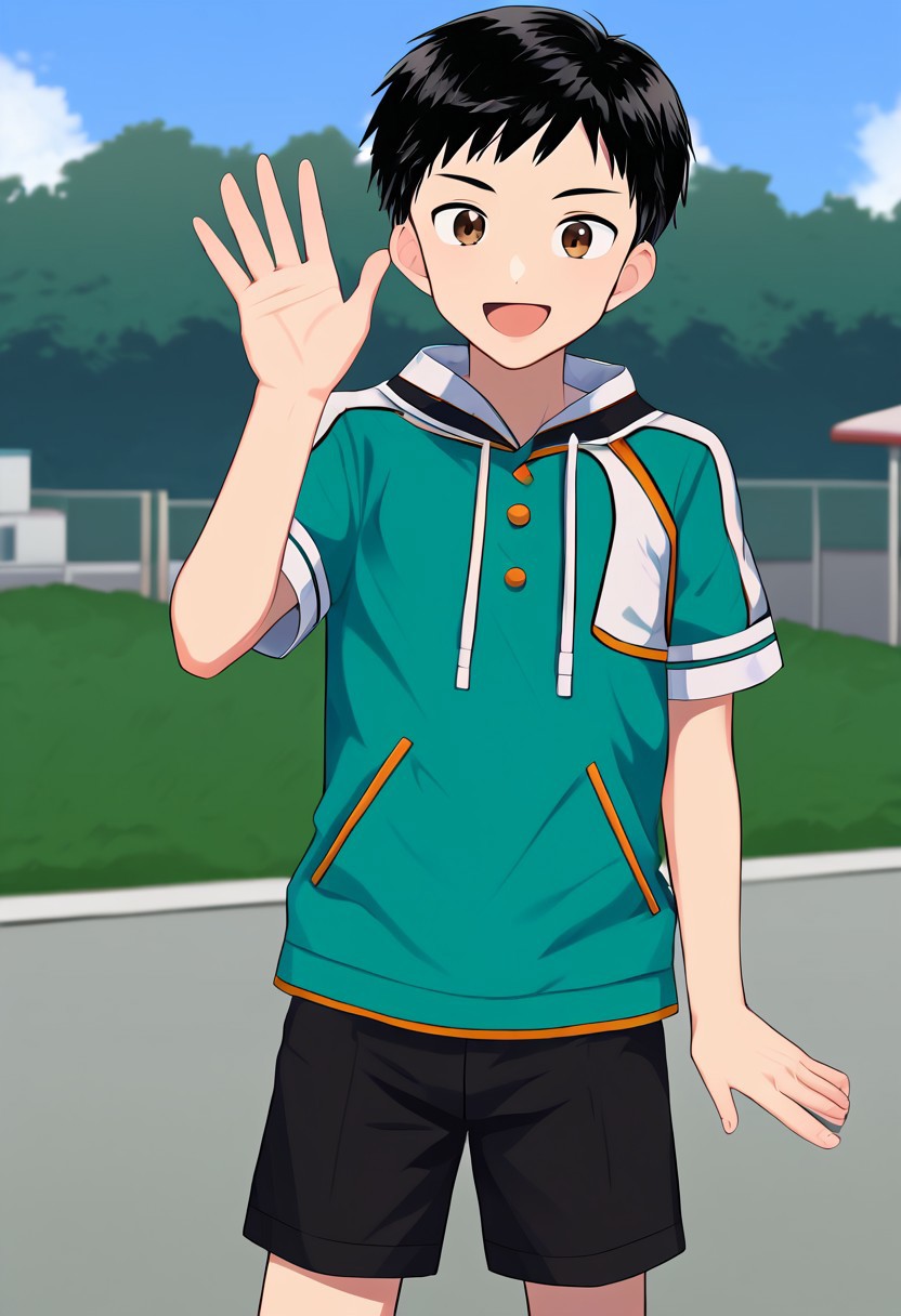 harmard, black hair, short hair, brown eyes, 1boy, solo, solo focus, wear open clothes, short sleeve, turquoise colour clothes, crop clothes, wear black shorts, outdoor setting, right hand waving gesture, handfixer