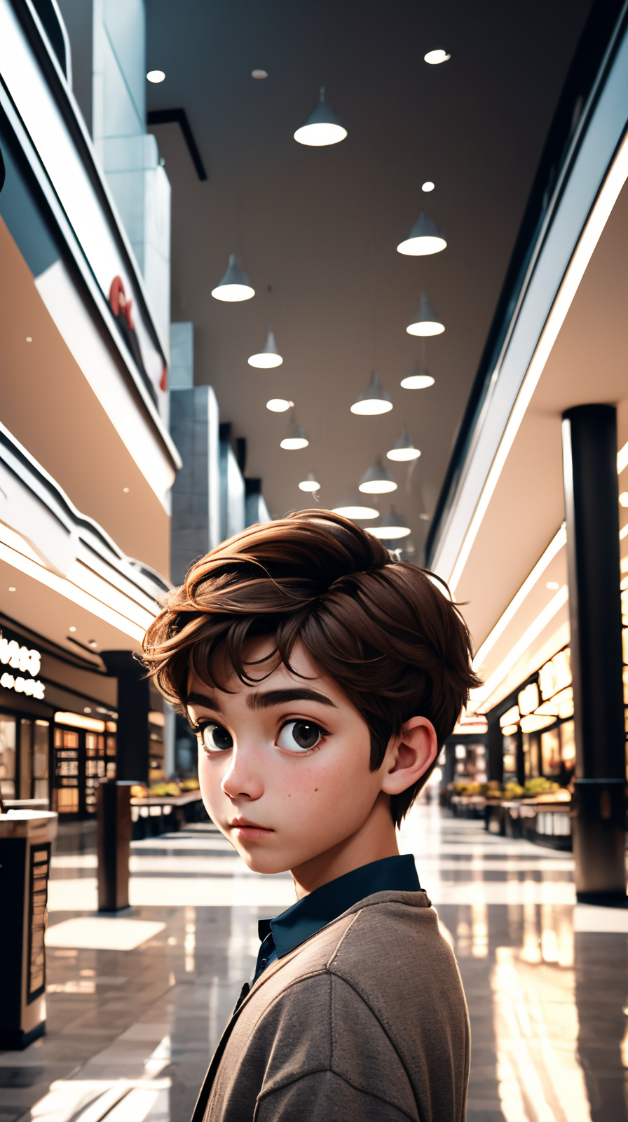 portrait of 1boy with brown hair, mall scene in background <lora:ToonMall:1>