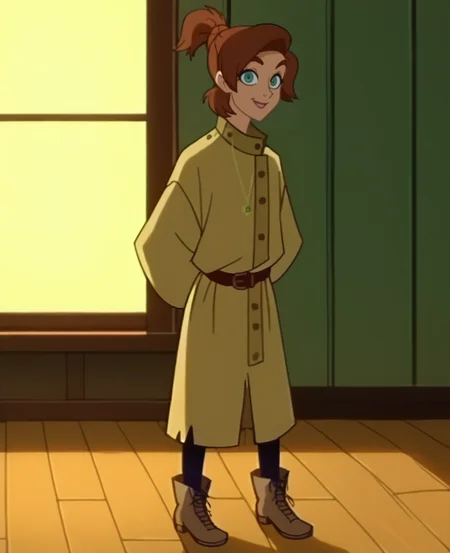 score_9, score_8_up, score_7_up, score_6_up, score_5_up, score_4_up, anime screencap, anime coloring,  <lora:Anastasia_Full-000007:1> ,hobo1, brown hair,  aqua eyes, robe, buttons, short hair, ponytail, necklace, belt, socks, boots
 smile, looking at viewer, full body, arms behind back