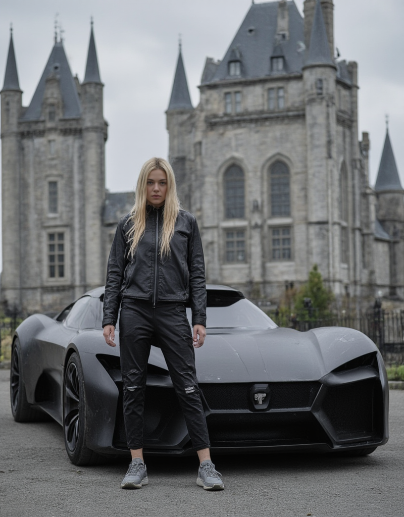 <lora:City_Worlds_01_v1_Roads:1> citybkg, 1girl, science fiction design car, in front of car, posing, standing, photo, cyberpunk <lora:citybkgv2:1> <lora:YCO_flux_F1b:1> yco_flux, castle