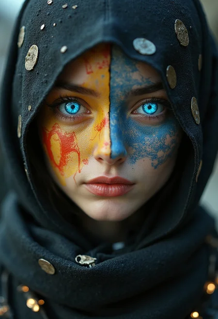 A close-up of a face adorned with brushed cobalt and vermilion patterns. The left is canary yellow, illustrated with layered fractals and hand-drawn sigils; the right is shadow gray with biomechanical shapes. The left eye is glowing ice blue. The face is framed by a scarf embedded with LEDs, cinematic_1940s cinematic_octane