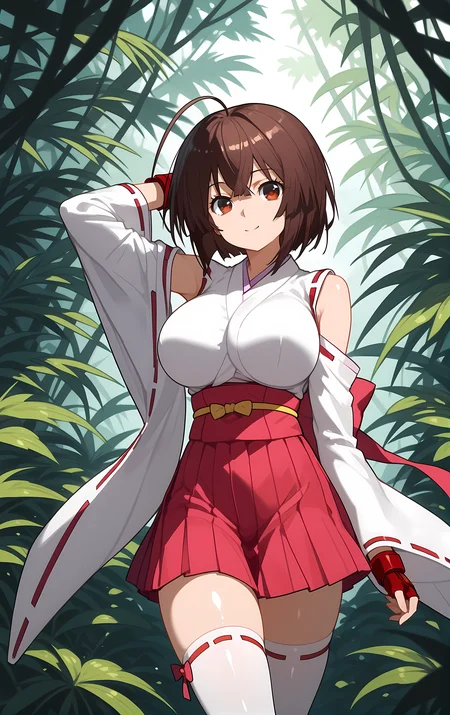 (score_9, score_8_up, score_7_up), looking at viewer, smile, closed mouth, shiny skin,
ohwx, 1girl, solo, brown_hair, brown_eyes, long_hair, ahoge, breasts, short_hair, large_breasts, ahoge, huge_ahoge,
fingerless_gloves, bare_shoulders, bow, gloves, hakama, hakama_short_skirt, hakama_skirt, impossible_clothes, impossible_shirt, jacket, japanese_clothes, kimono, long_sleeves, miko, red_gloves, red_ribbon, ribbon, ribbon_trim, sash, shirt, skirt, thighhighs, white_thighhighs, wide_sleeves, zettai_ryouiki,
jungle, Standing with arms behind the head,
<lora:musubi_pony_ss-000001:1>